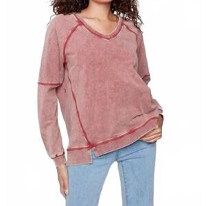 NEW CHARLIE B cold dye french terry v-neck top in cabernet